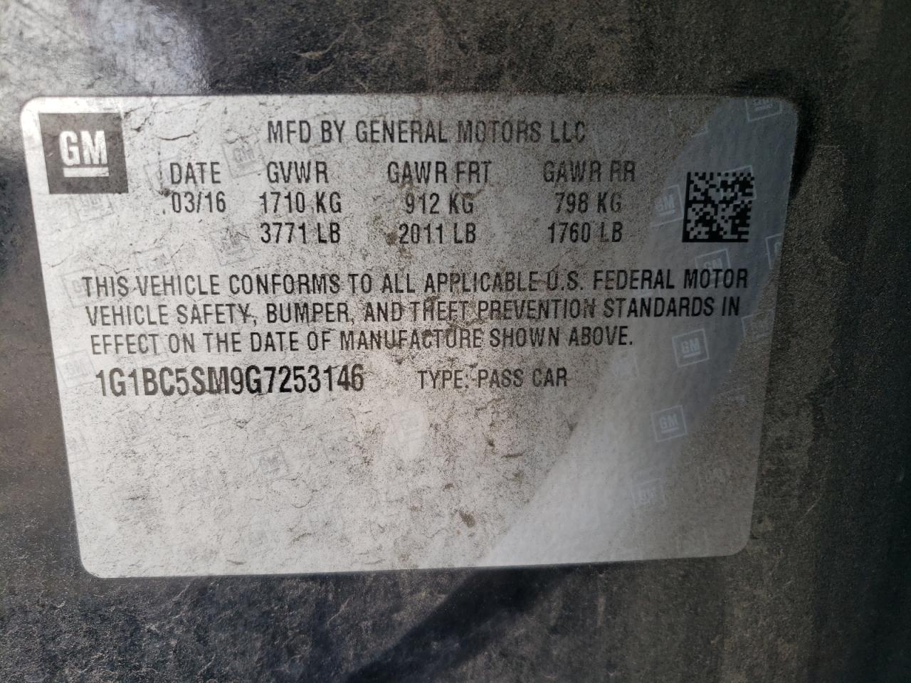 1G1BC5SM9G7253146 2016 Chevrolet Cruze Ls