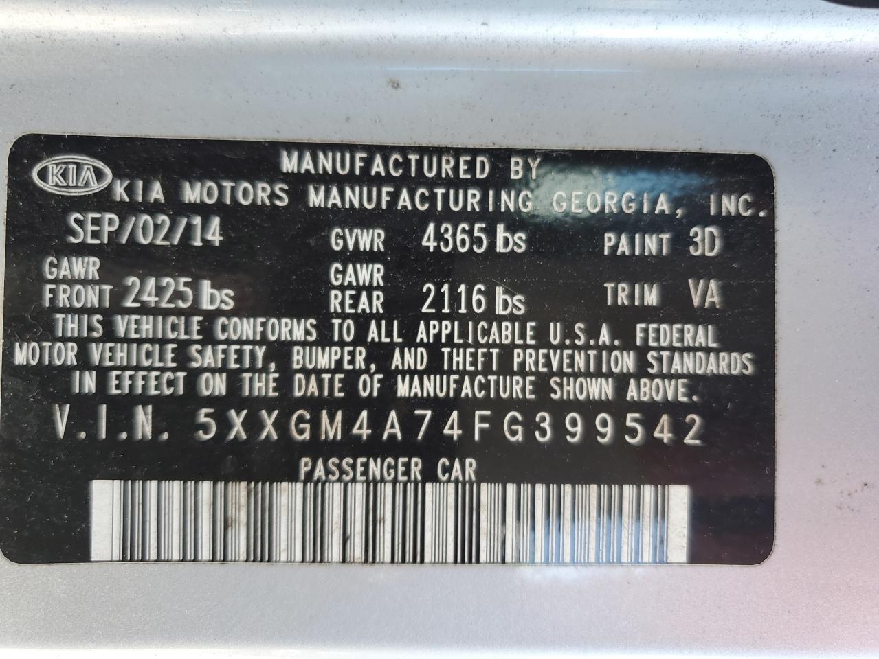 5XXGM4A74FG399542 2015 Kia Optima Lx