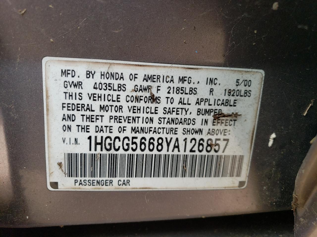 1HGCG5668YA126857 2000 Honda Accord Ex