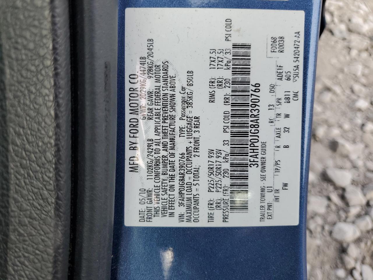 3FAHP0JG8AR390766 2010 Ford Fusion Sel