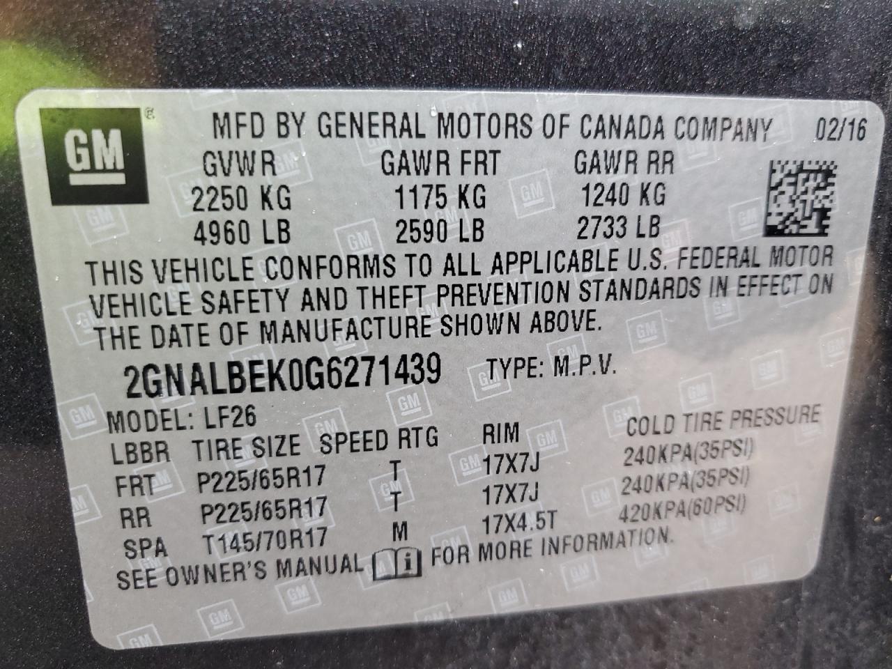 2GNALBEK0G6271439 CHEVROLET EQUINOX 2016