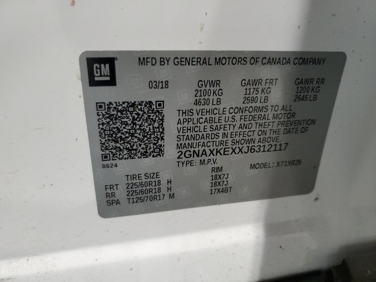 2GNAXKEXXJ6312117 2018 Chevrolet Equinox Lt