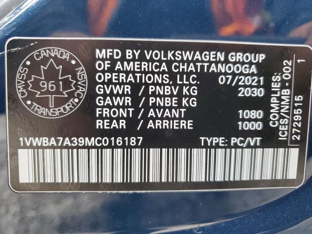 2021 VOLKSWAGEN PASSAT HIG 1VWBA7A39MC016187