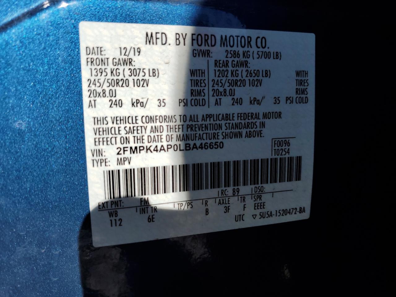 2FMPK4AP0LBA46650 FORD EDGE 2020
