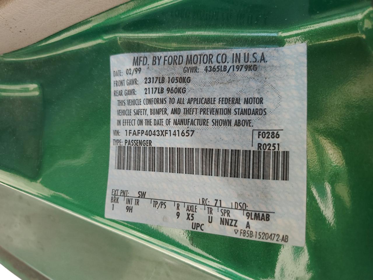 1FAFP4043XF141657 1999 Ford Mustang