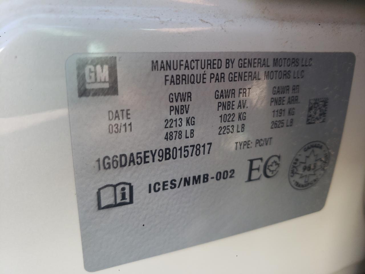 1G6DA5EY9B0157817 2011 Cadillac Cts