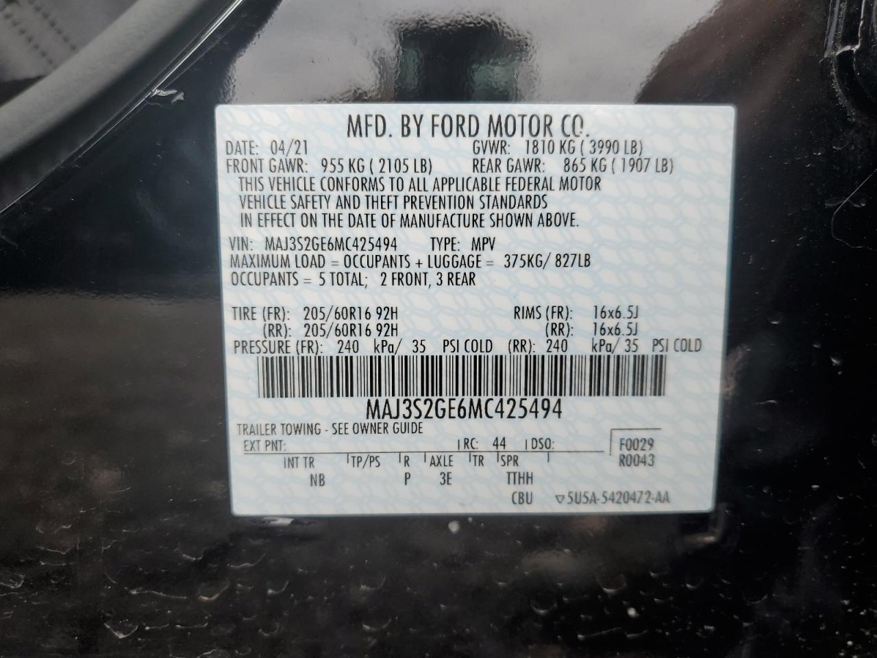 MAJ3S2GE6MC425494 FORD ECOSPORT 2021