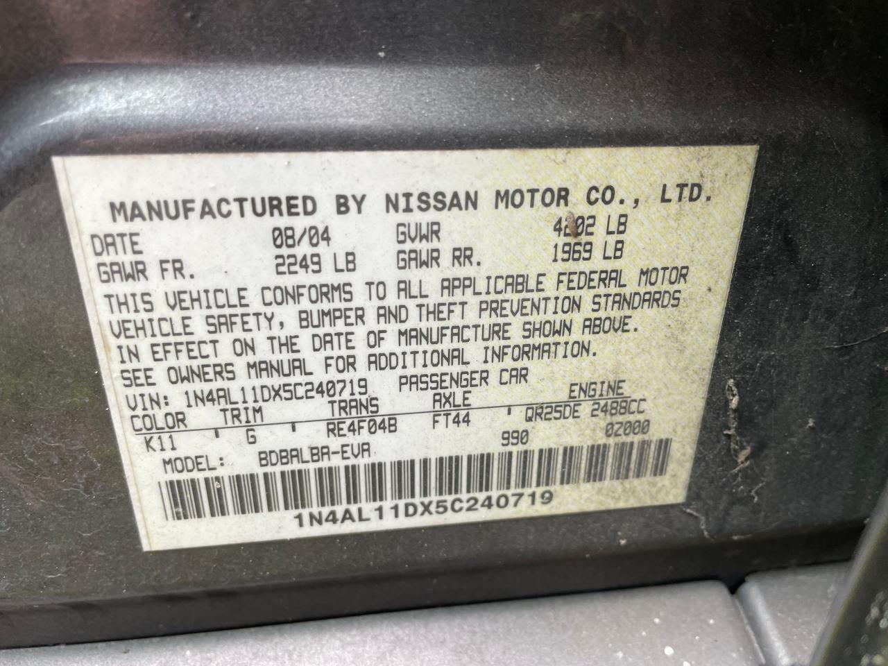 1N4AL11DX5C240719 2005 Nissan Altima S