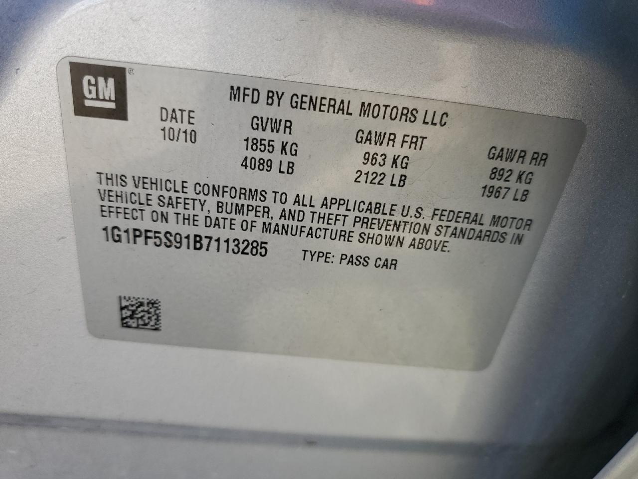 1G1PF5S91B7113285 2011 Chevrolet Cruze Lt