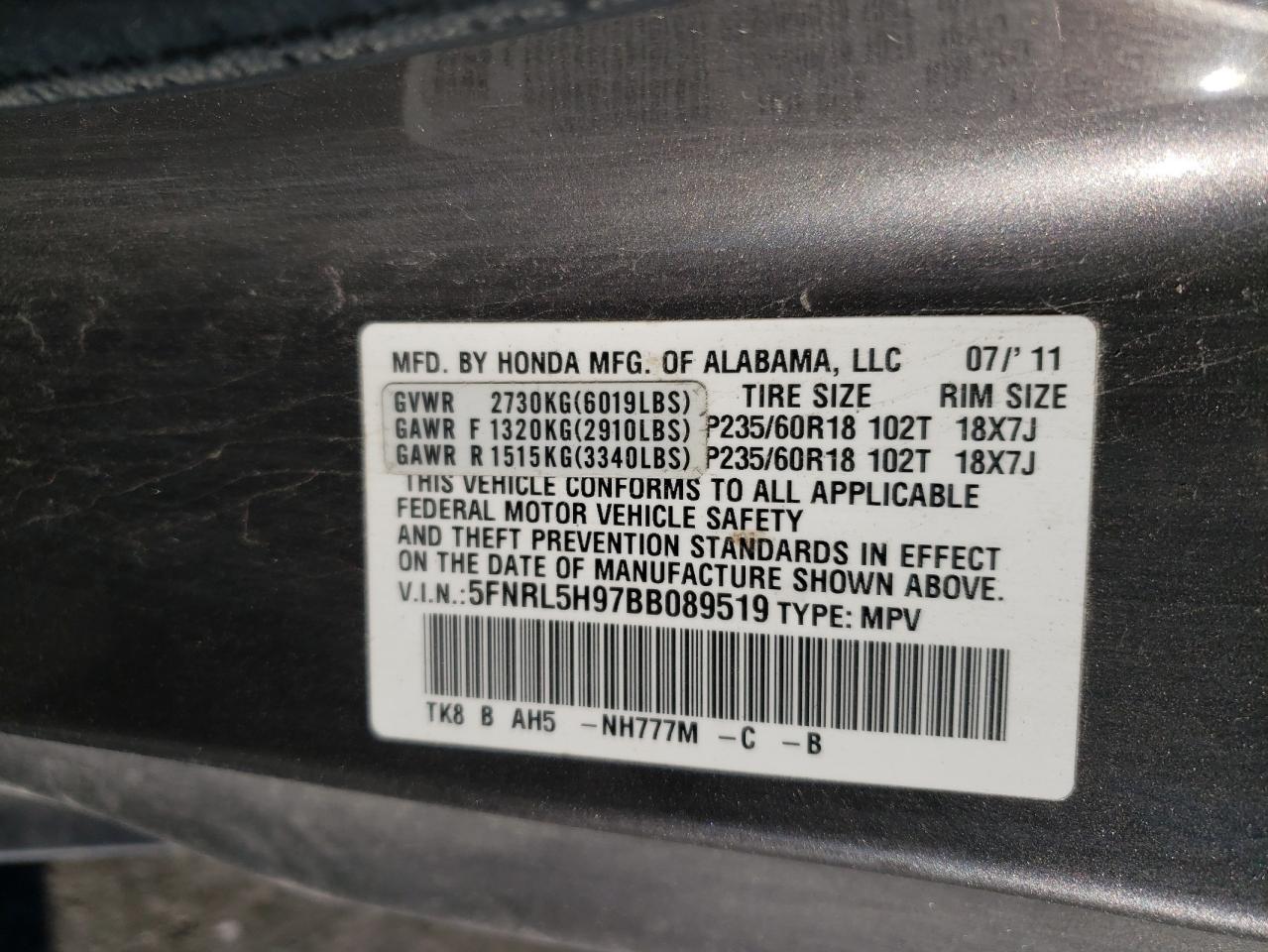 5FNRL5H97BB089519 2011 Honda Odyssey Touring