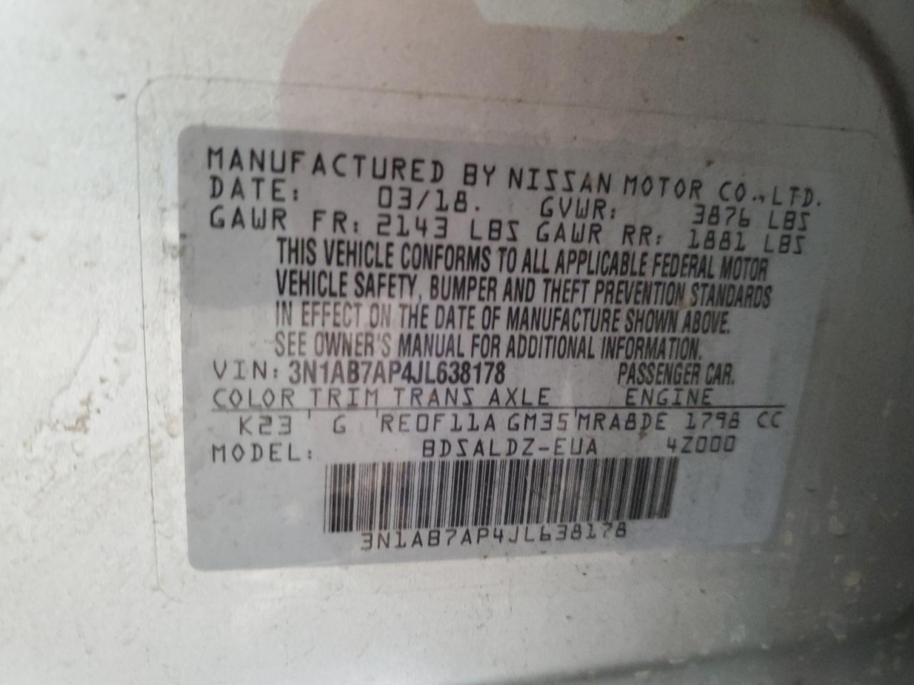 3N1AB7AP4JL638178 2018 Nissan Sentra S