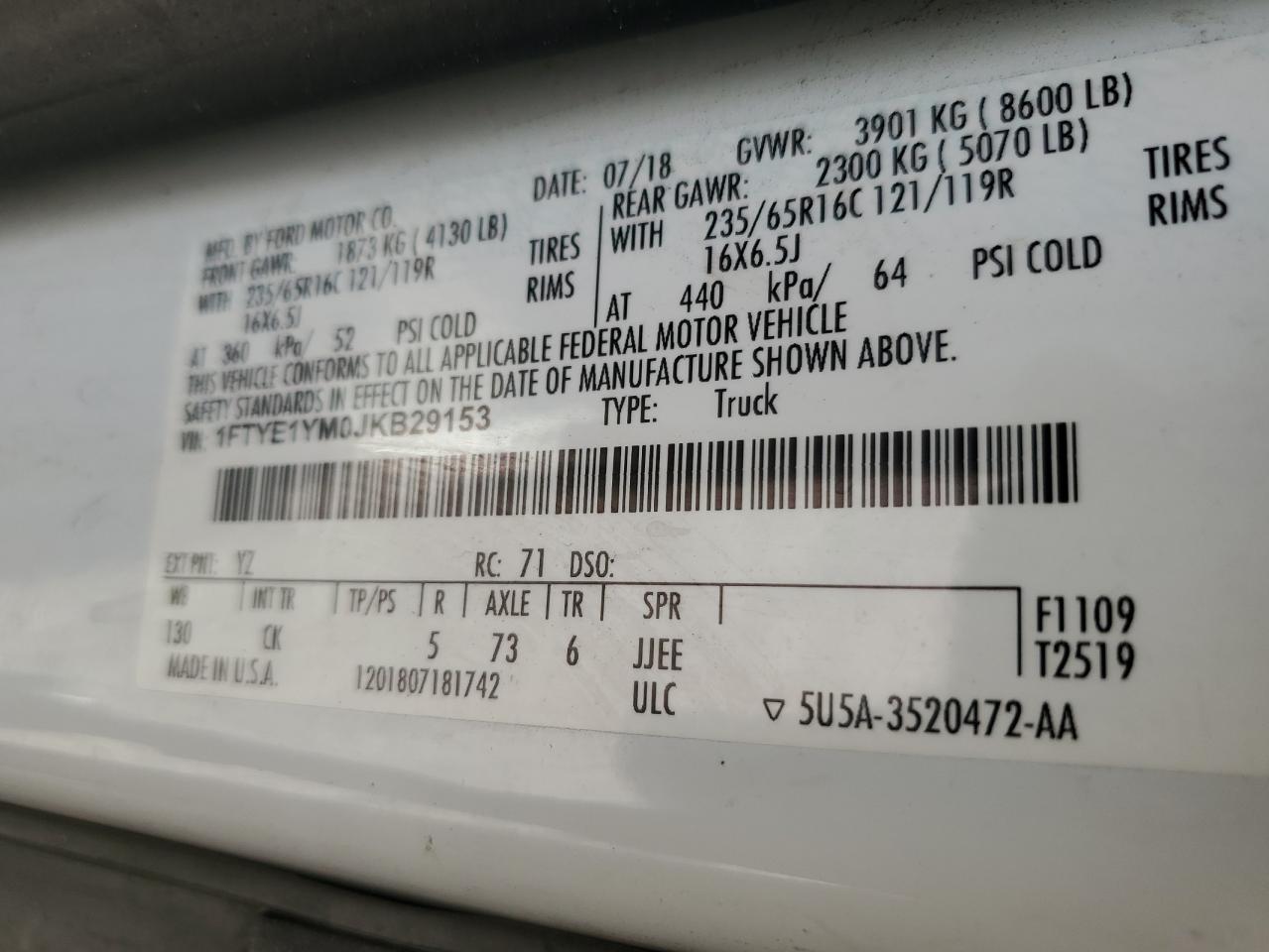 1FTYE1YM0JKB29153 FORD TRANSIT 2018