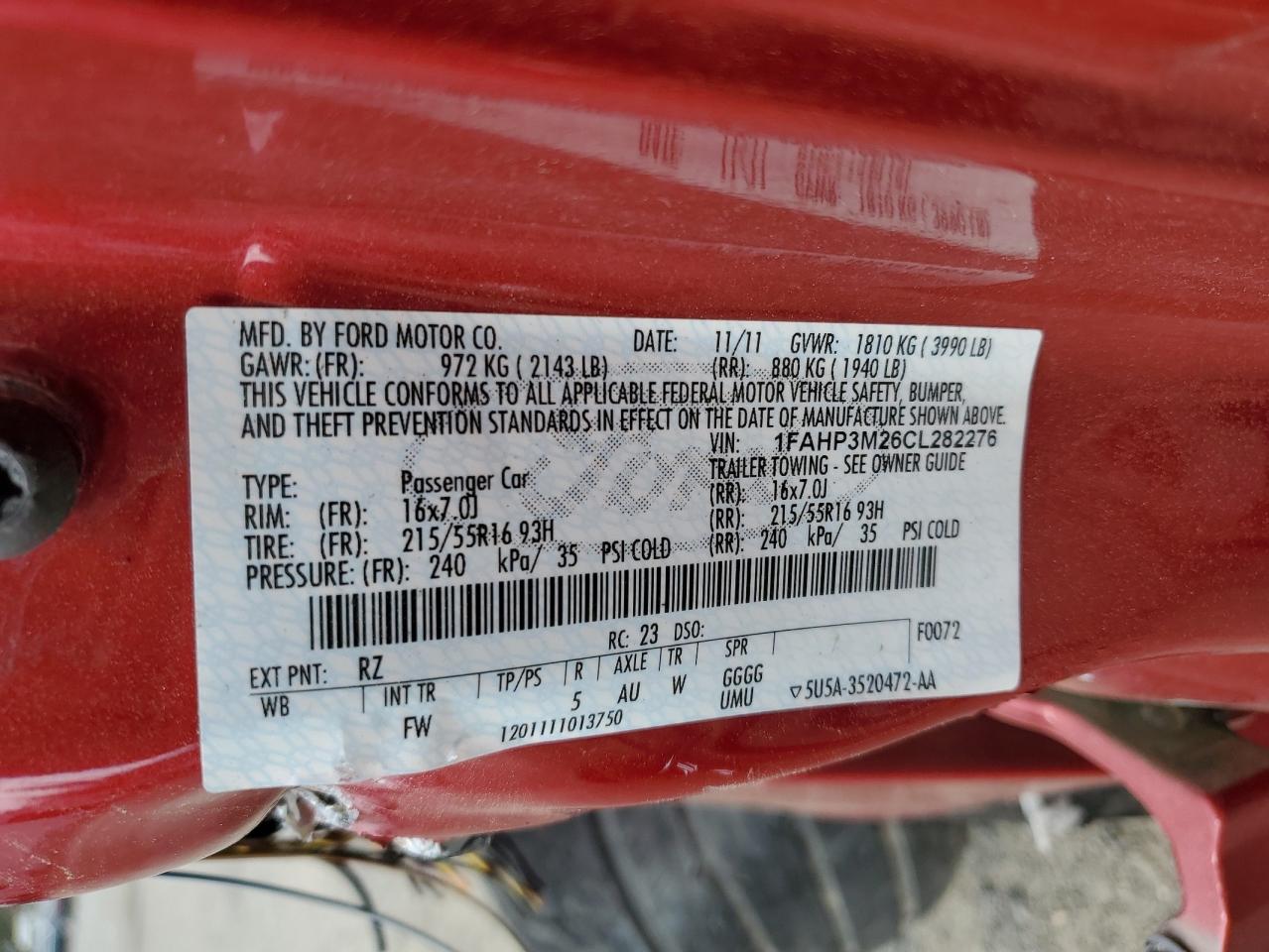 1FAHP3M26CL282276 2012 Ford Focus Sel