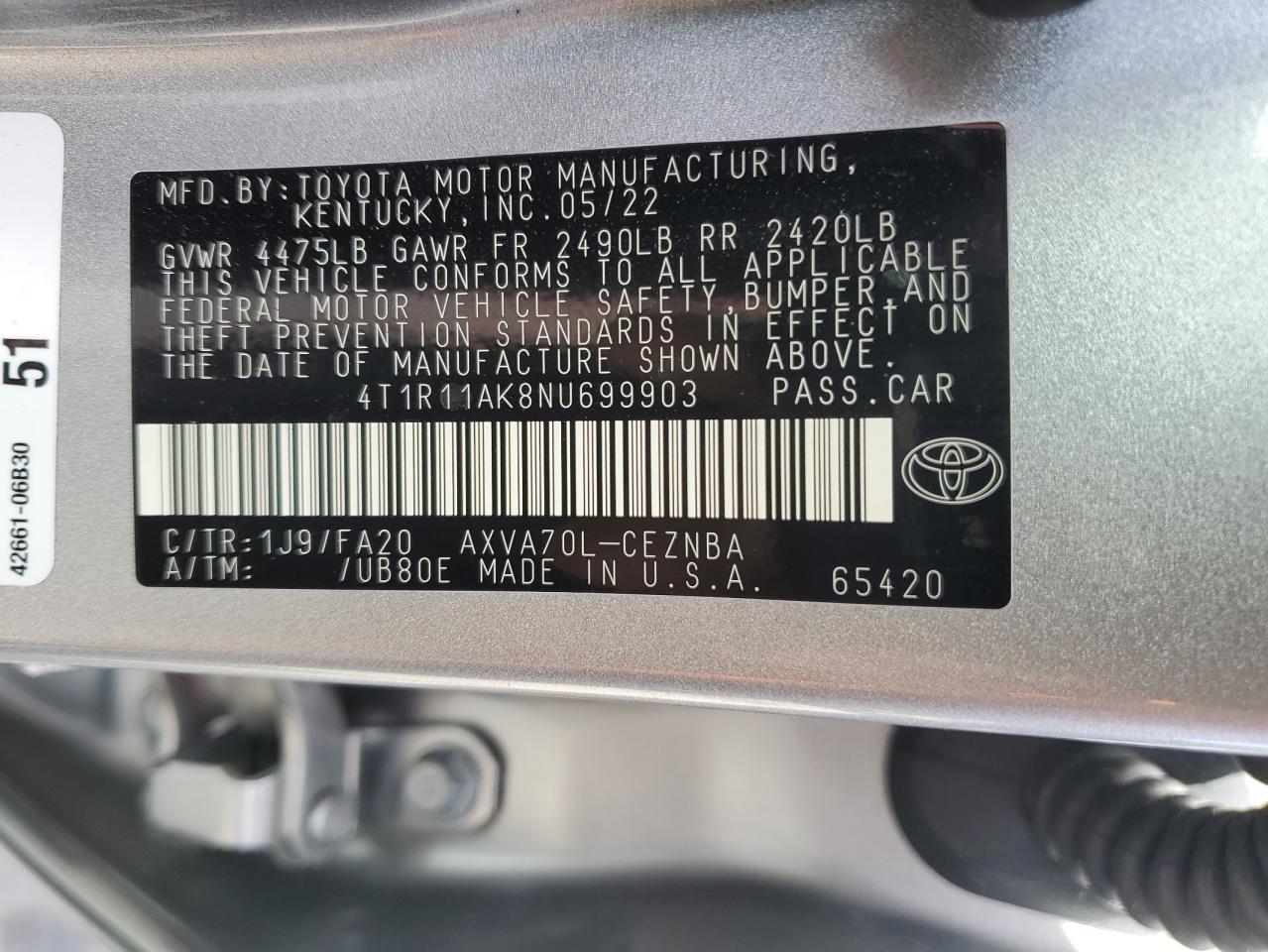 4T1R11AK8NU699903 TOYOTA CAMRY 2022