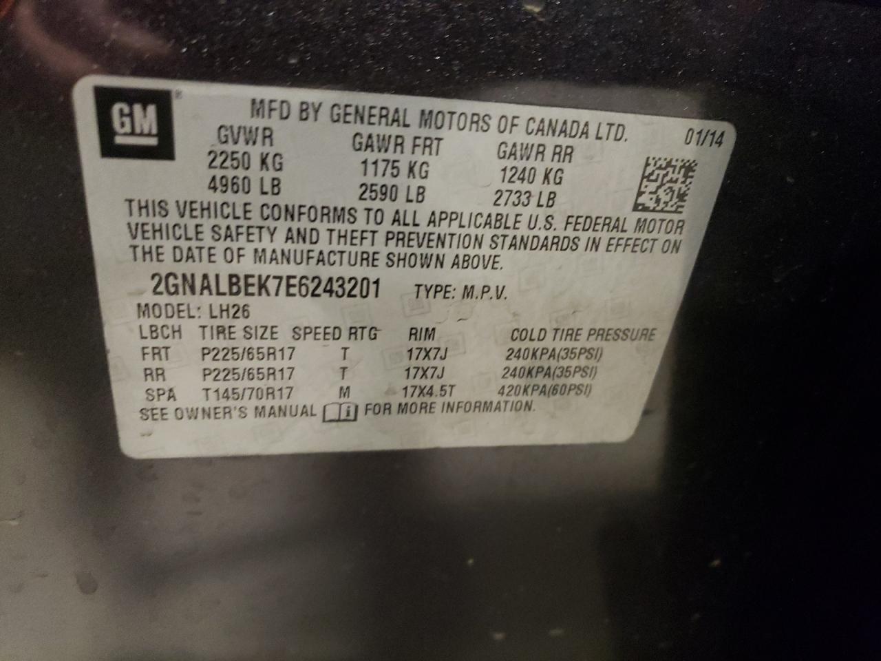 2GNALBEK7E6243201 2014 Chevrolet Equinox Lt