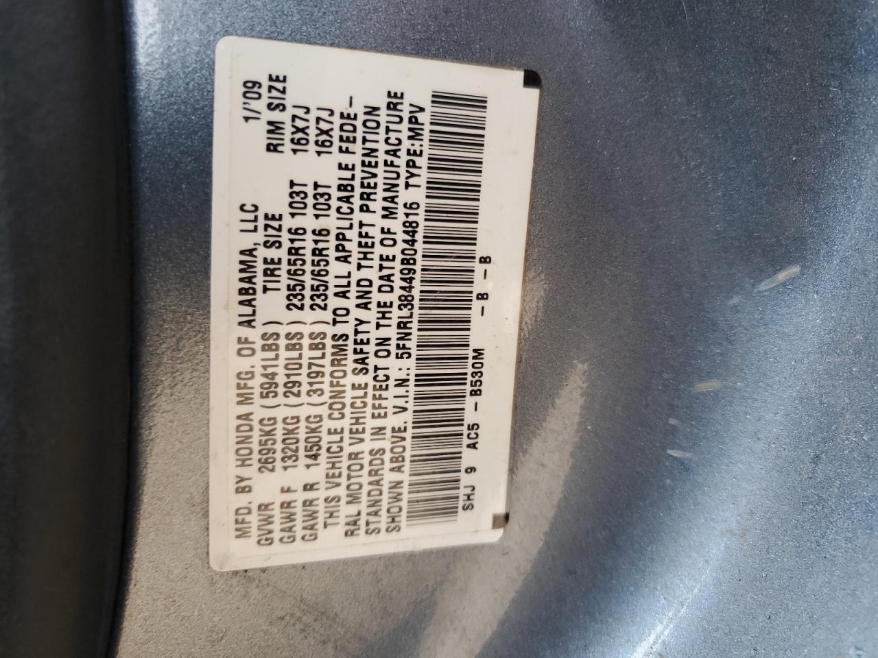 5FNRL38449B044816 2009 Honda Odyssey Ex