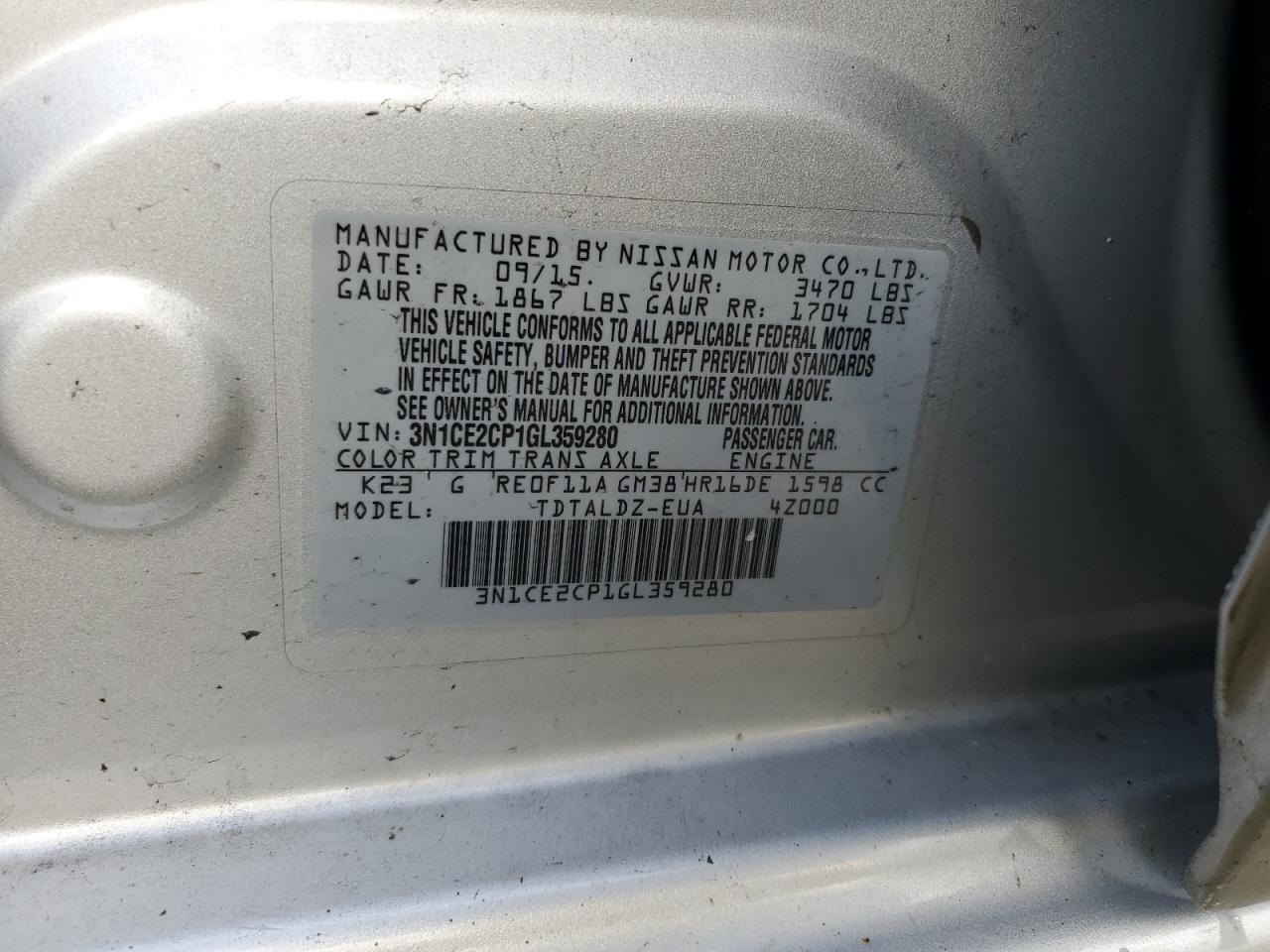 3N1CE2CP1GL359280 NISSAN VERSA 2016
