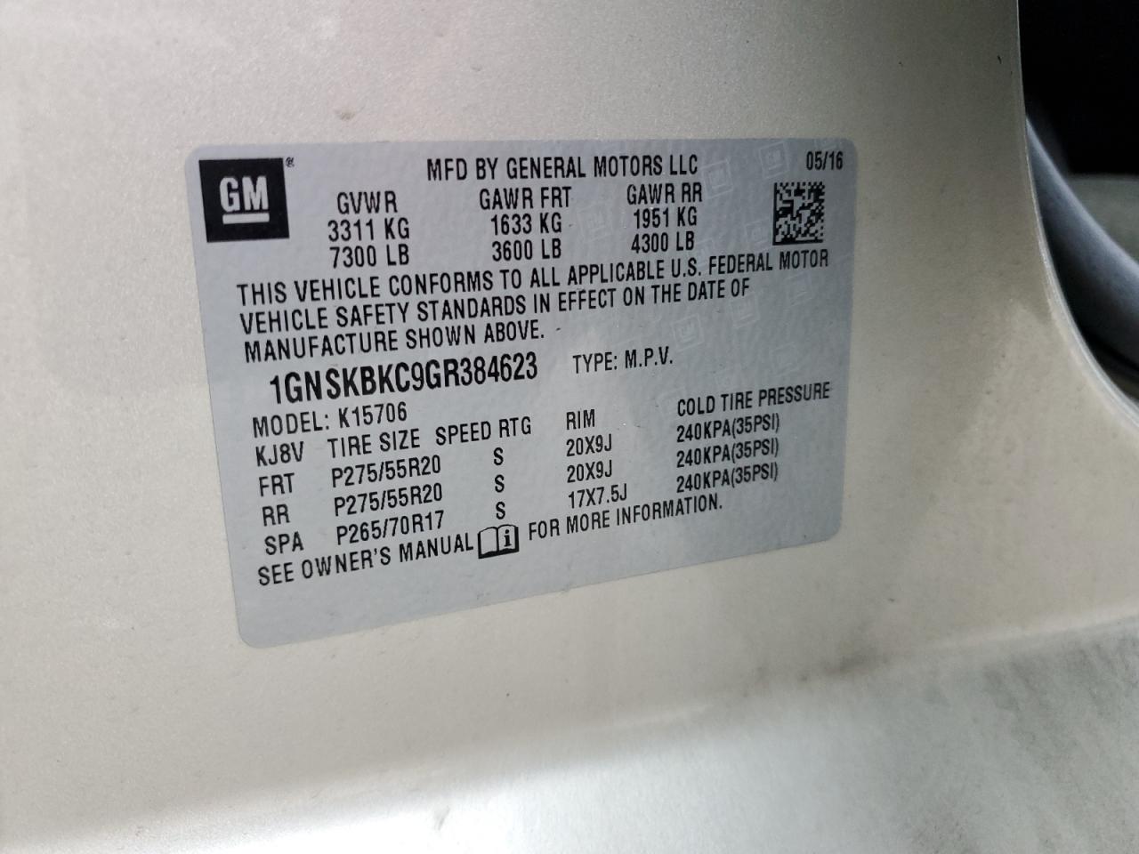 1GNSKBKC9GR384623 2016 Chevrolet Tahoe K1500 Lt