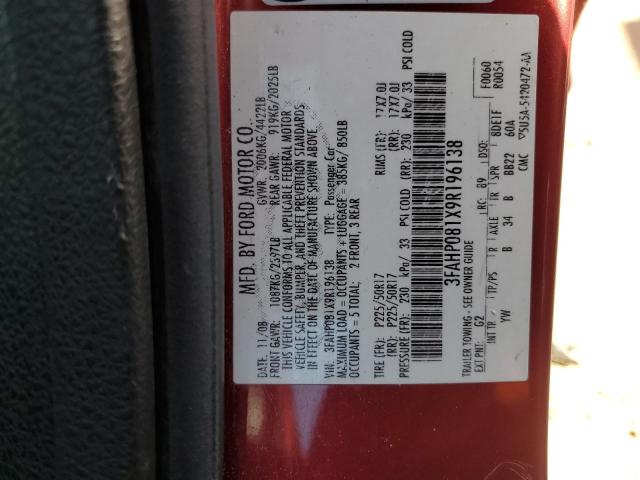 2009 Ford Fusion Sel VIN: 3FAHP081X9R196138 Lot: 46300634