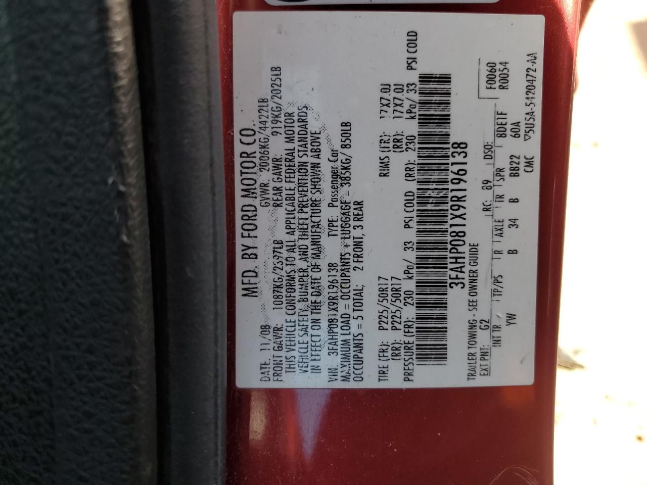 3FAHP081X9R196138 2009 Ford Fusion Sel