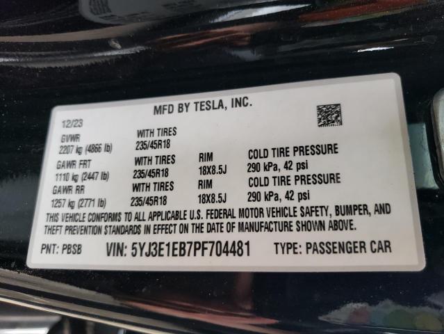 VIN 5YJ3E1EB7PF704481 Tesla Model 3  2023 12