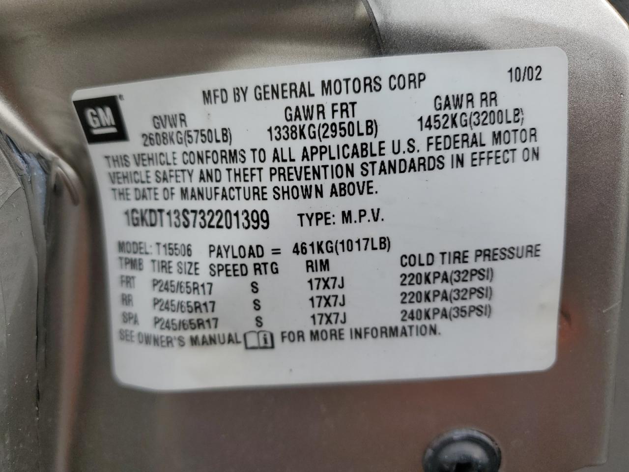 1GKDT13S732201399 2003 GMC Envoy