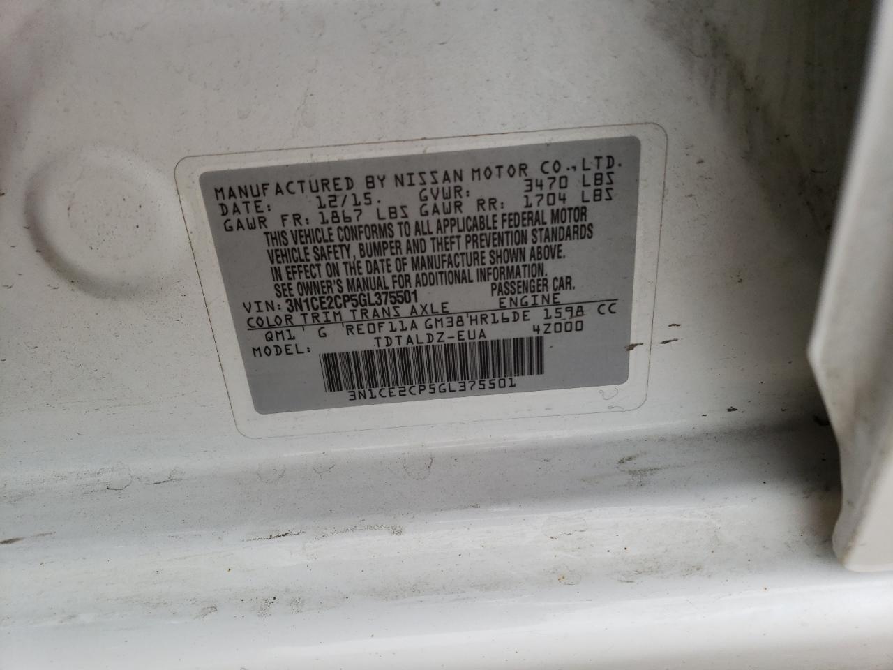 3N1CE2CP5GL375501 NISSAN VERSA 2016