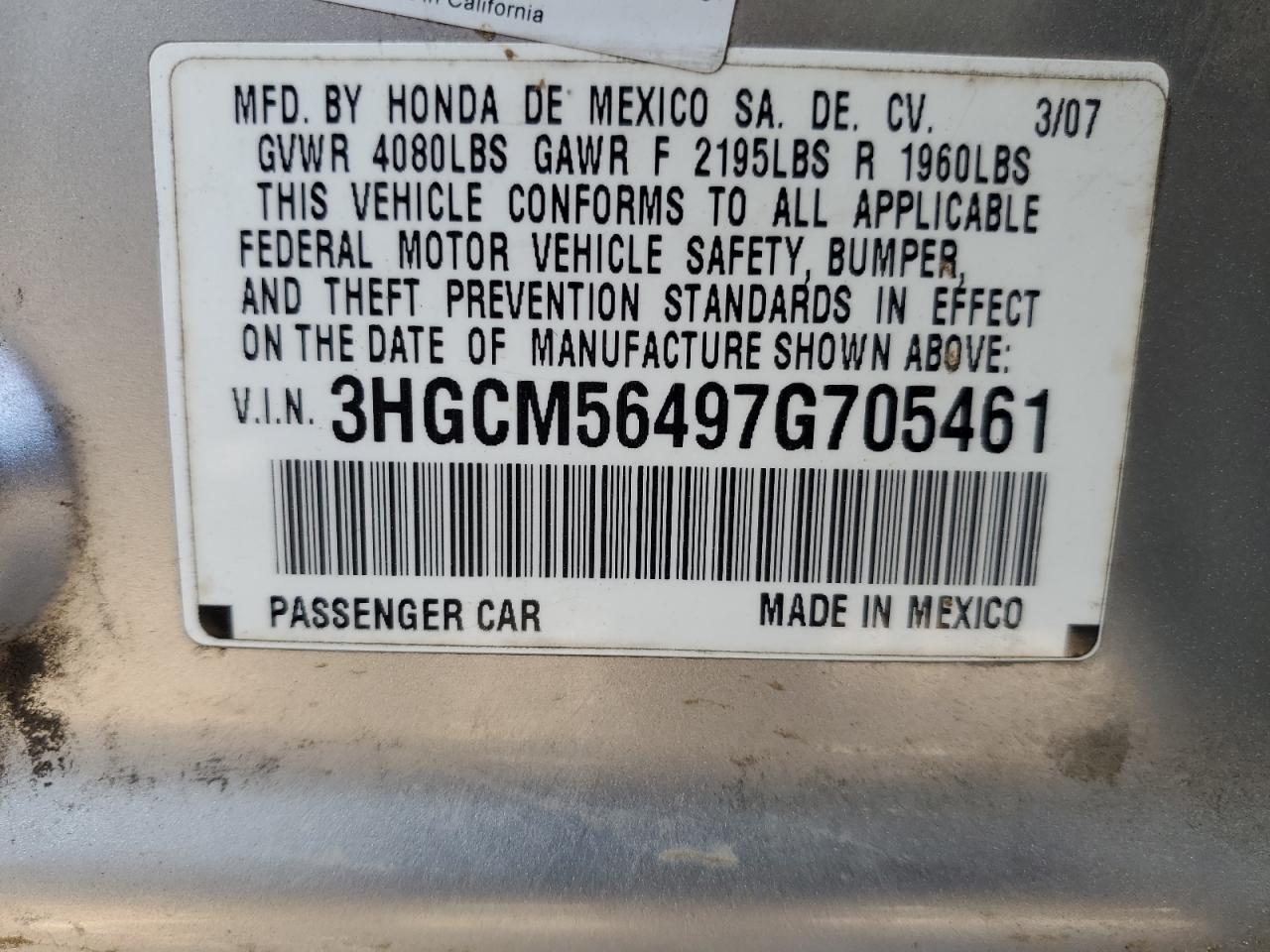 3HGCM56497G705461 2007 Honda Accord Lx