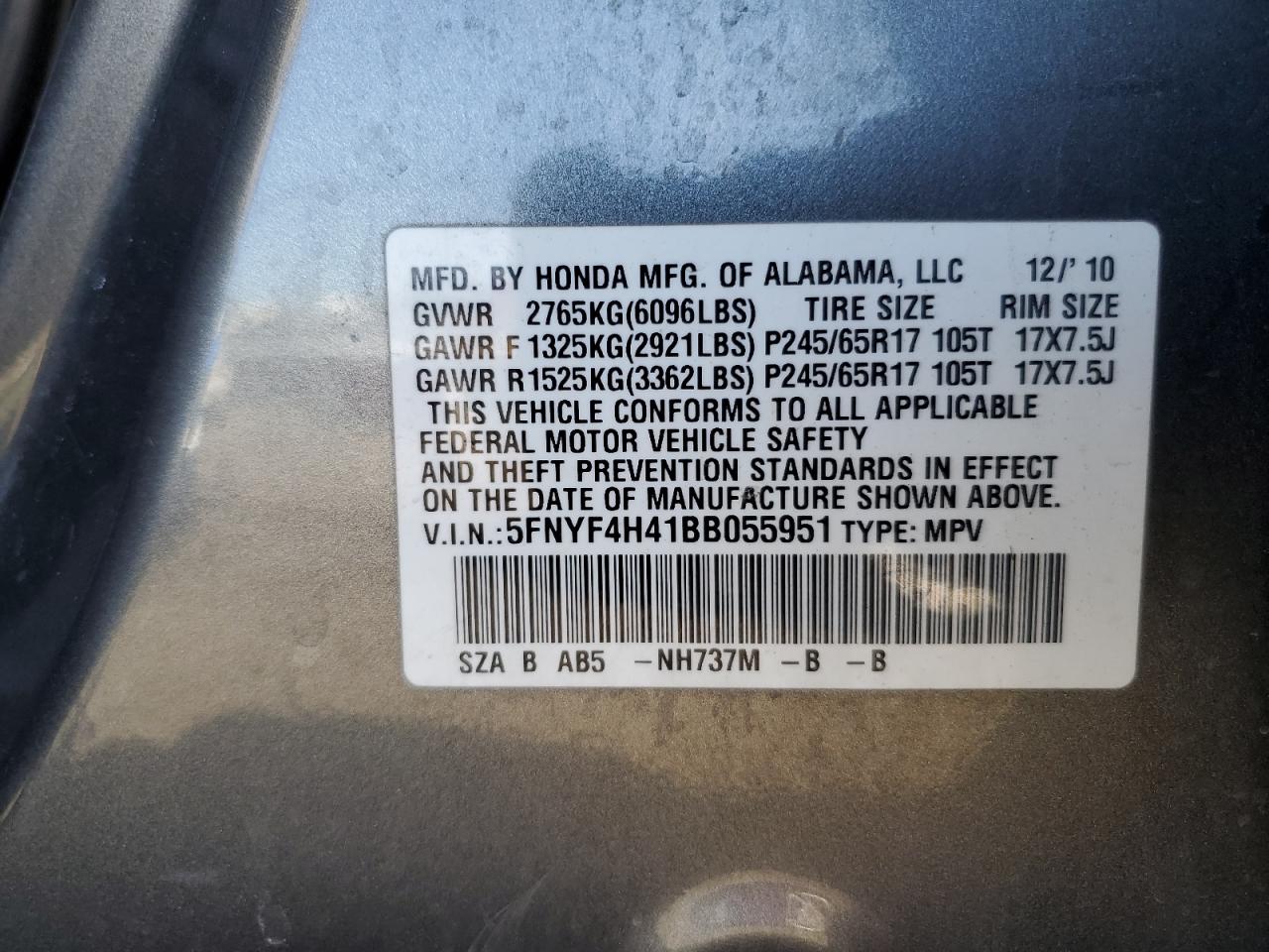 5FNYF4H41BB055951 2011 Honda Pilot Ex