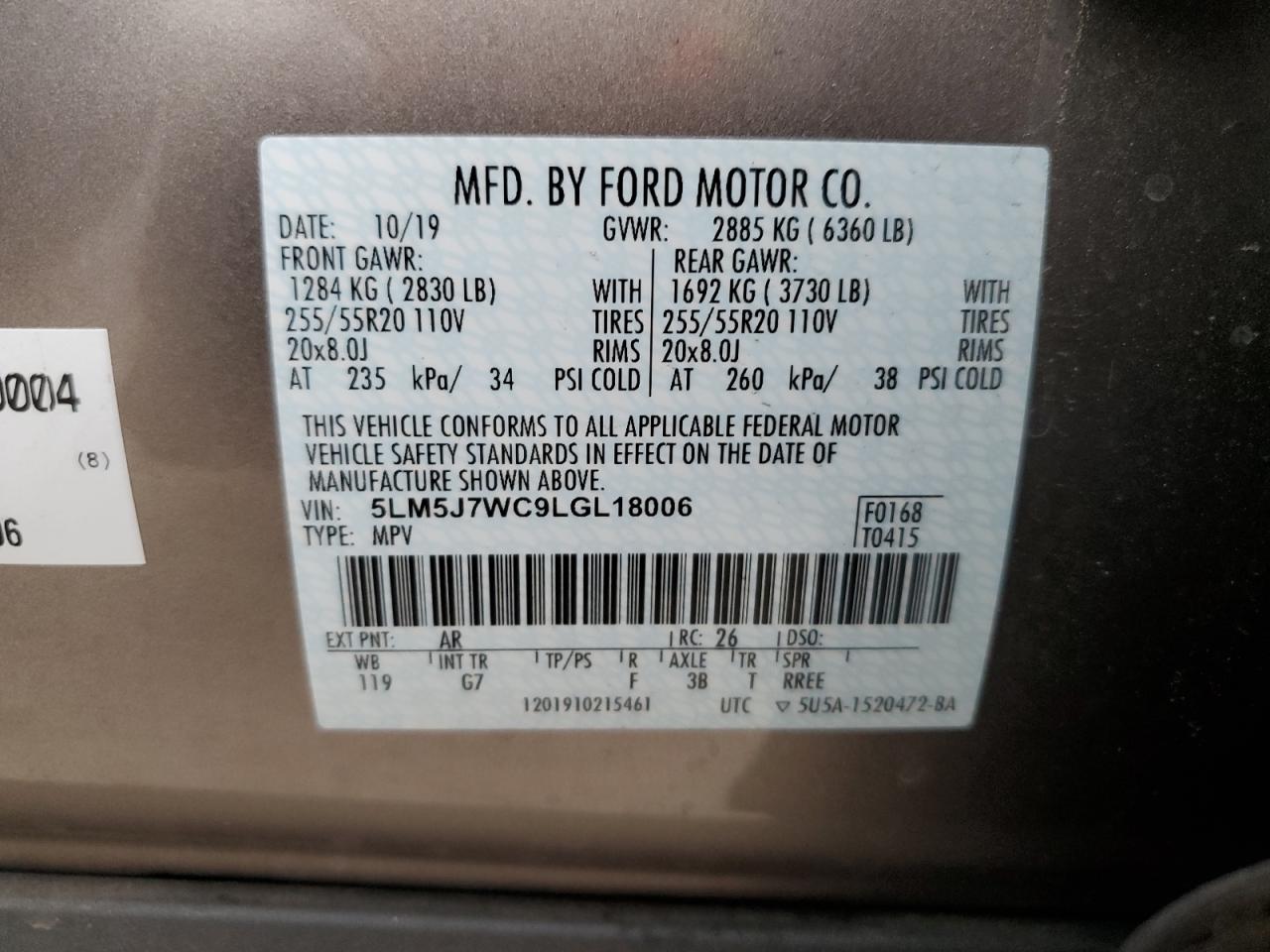 VIN: 5LM5J7WC9LGL18006 2020 LINCOLN AVIATOR