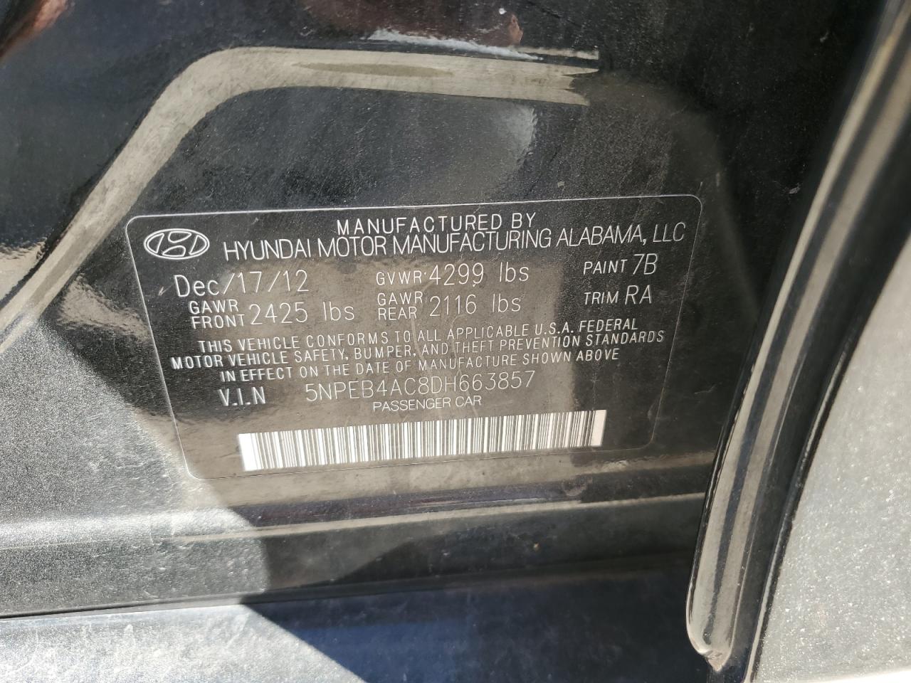 5NPEB4AC8DH663857 2013 Hyundai Sonata Gls