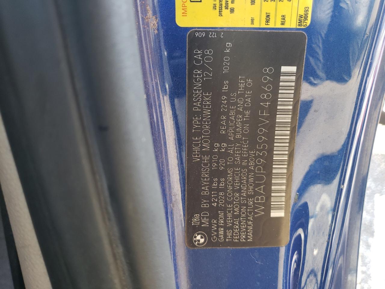 wbaup93599vf48698 WBAUP93599VF48698 2009 BMW 128 I