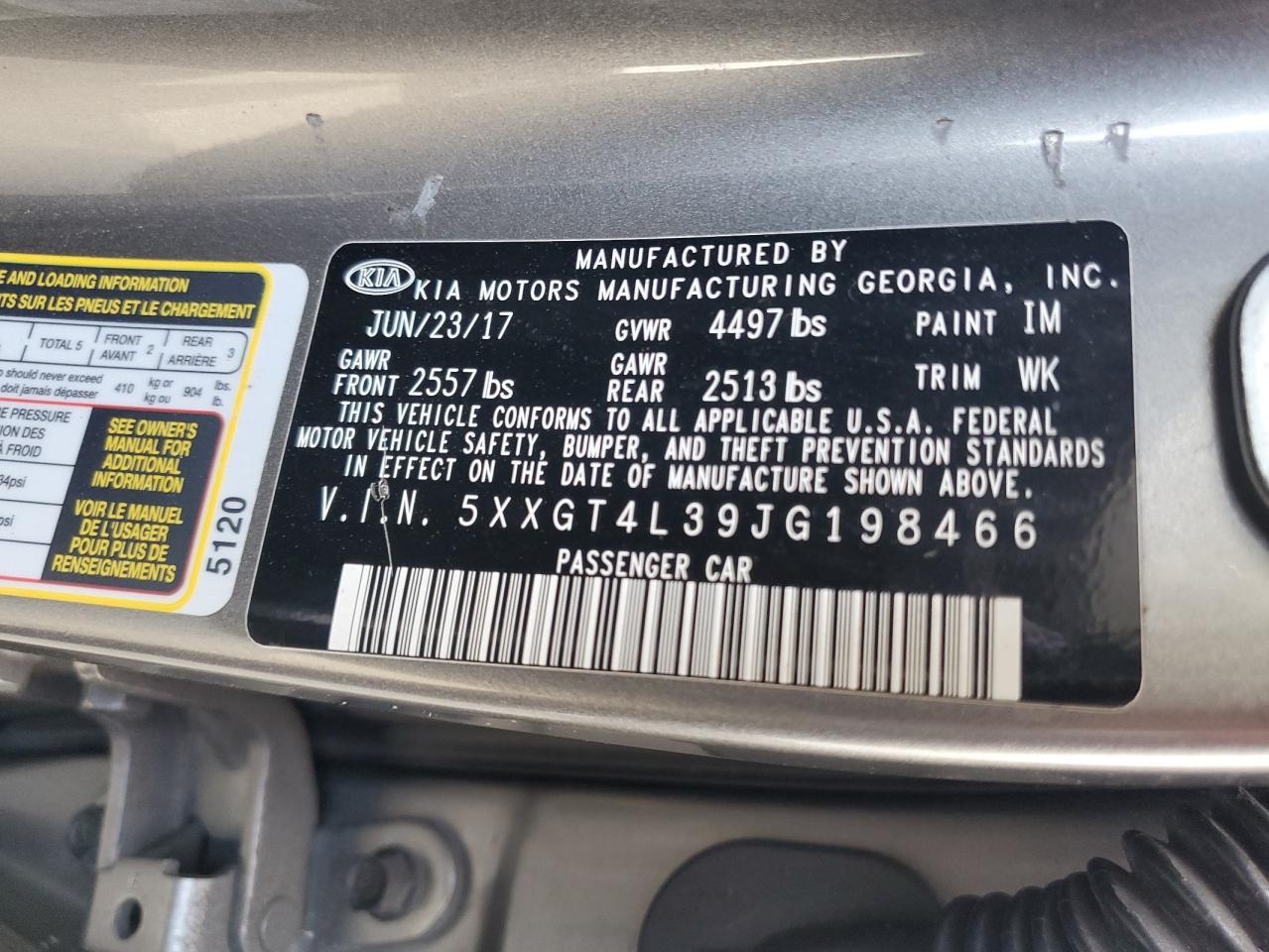 5XXGT4L39JG198466 2018 Kia Optima Lx