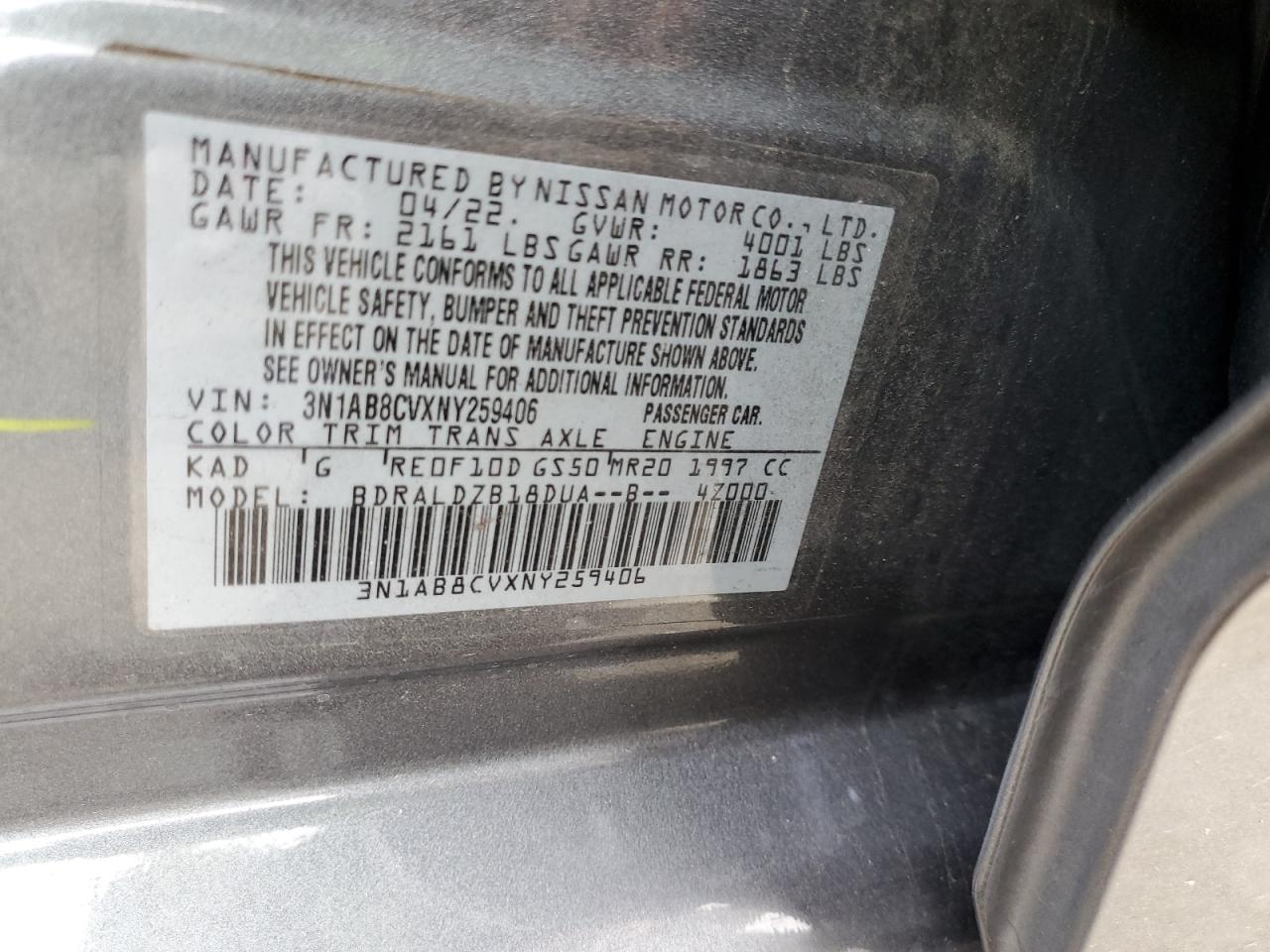 3N1AB8CVXNY259406 NISSAN SENTRA 2022