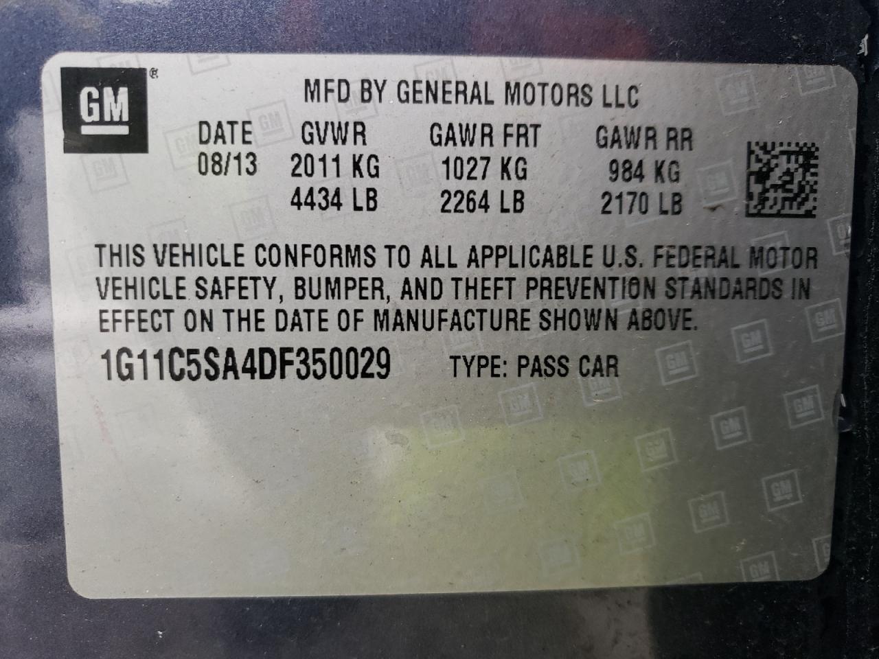 1G11C5SA4DF350029 2013 Chevrolet Malibu 1Lt