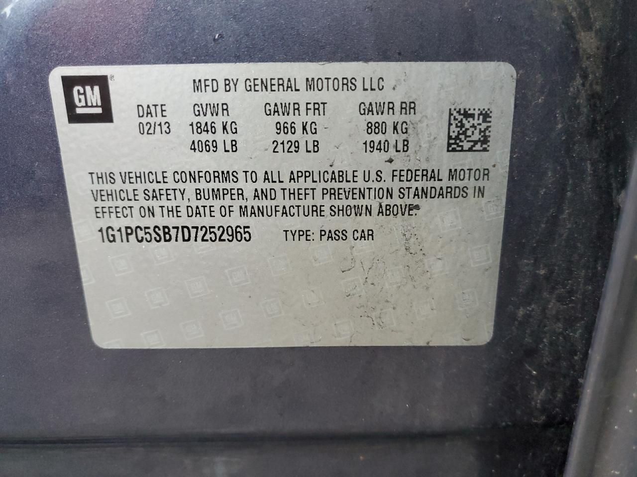 1G1PC5SB7D7252965 2013 Chevrolet Cruze Lt