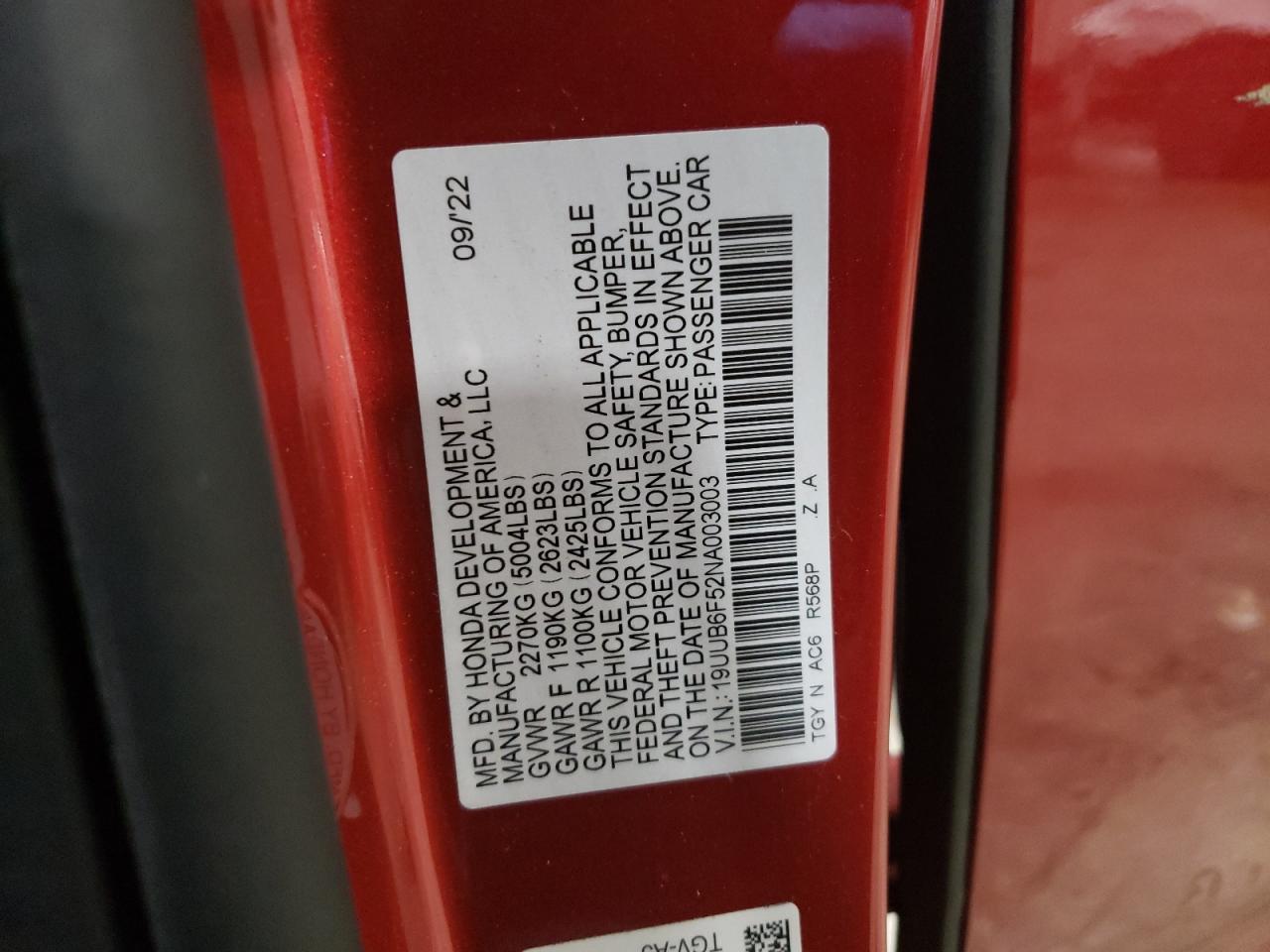 19UUB6F52NA003003 2022 Acura Tlx Tech A