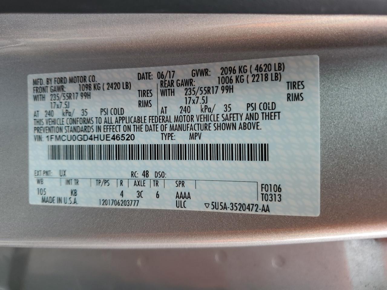1FMCU0GD4HUE46520 FORD ESCAPE 2017