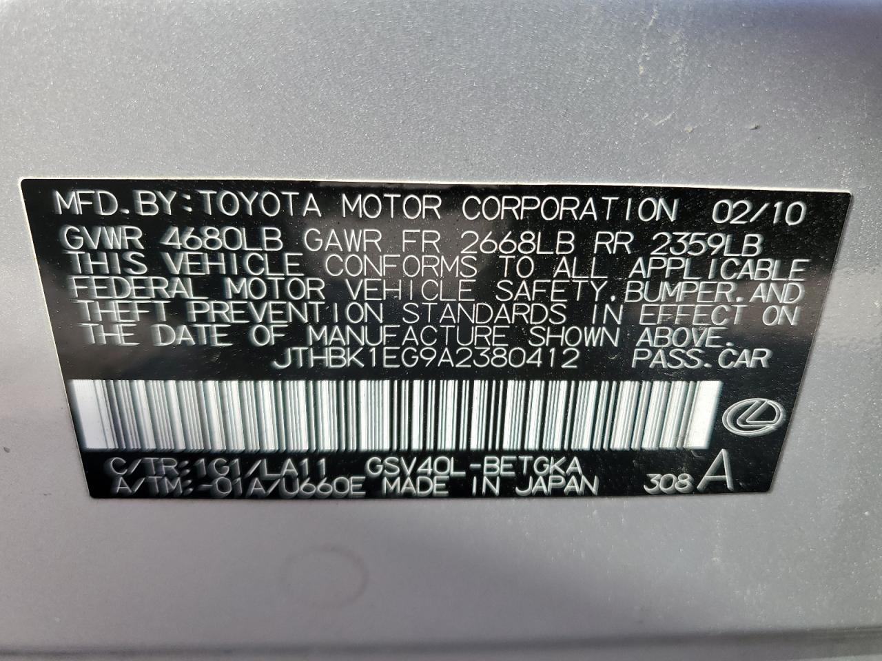 JTHBK1EG9A2380412 2010 Lexus Es 350