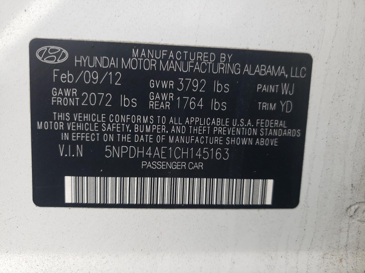 5NPDH4AE1CH145163 2012 Hyundai Elantra Gls