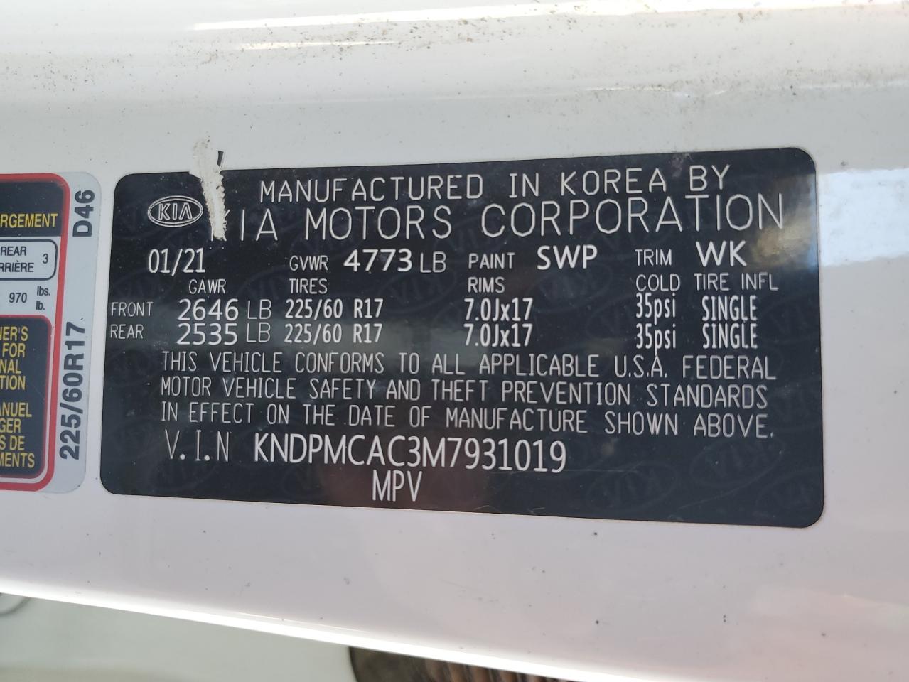 KNDPMCAC3M7931019 2021 Kia Sportage Lx