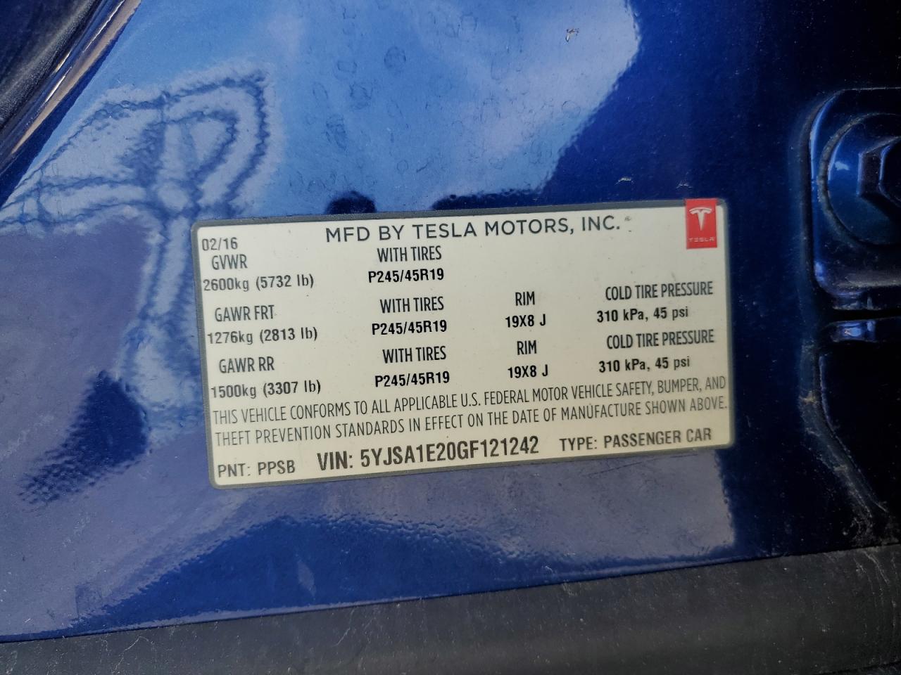 2016 Tesla Model S vin: 5YJSA1E20GF121242