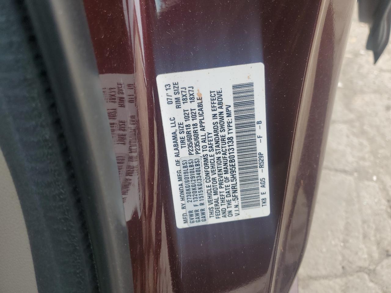 5FNRL5H95EB013138 2014 Honda Odyssey Touring