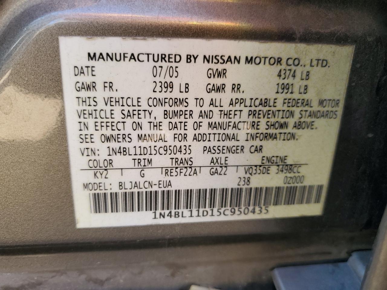 1N4BL11D15C950435 2005 Nissan Altima Se