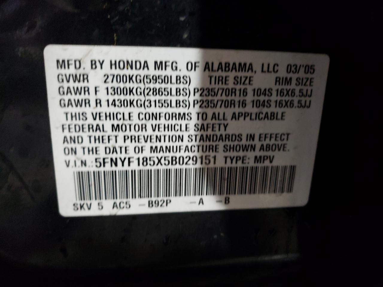 5FNYF185X5B029151 2005 Honda Pilot Exl
