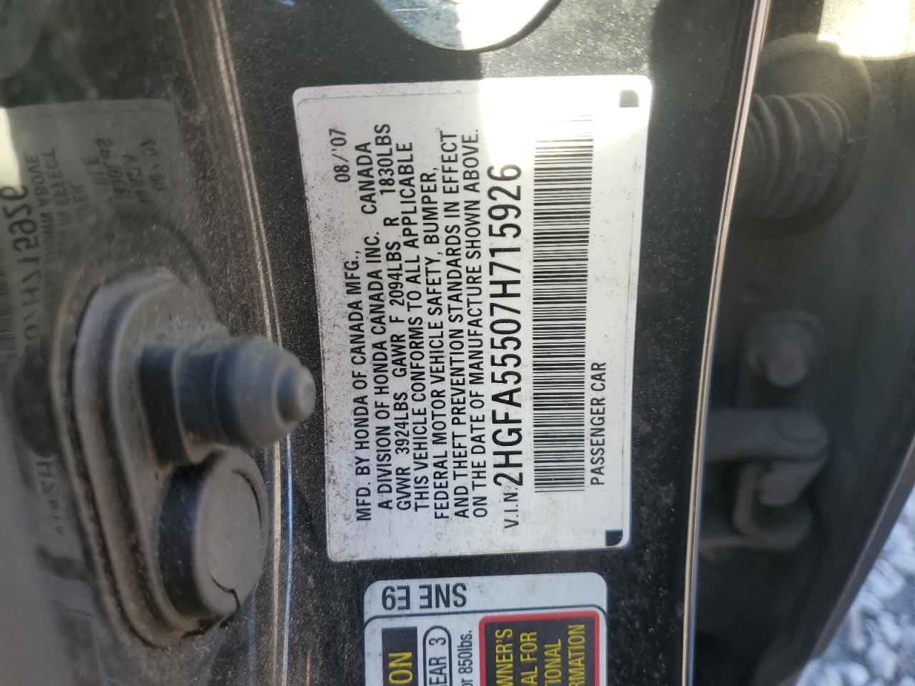 2HGFA55507H715926 2007 Honda Civic Si