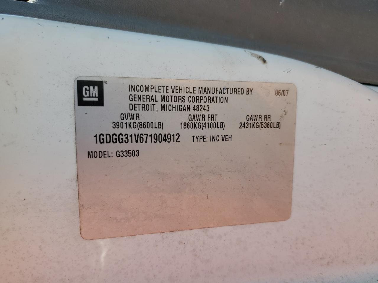 1GDGG31V671904912 2007 GMC Savana Cutaway G3500