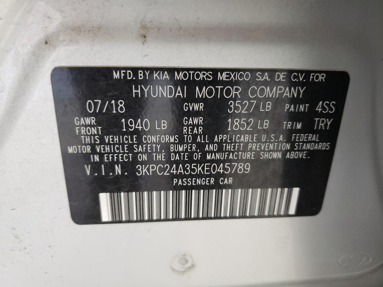 3KPC24A35KE045789 2019 Hyundai Accent Se