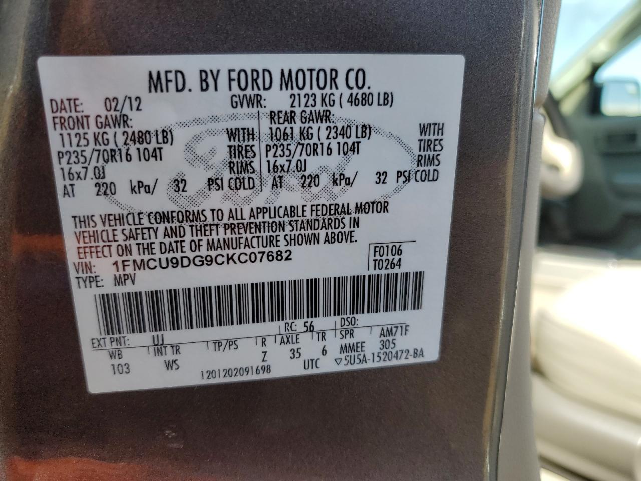 1FMCU9DG9CKC07682 2012 Ford Escape Xlt