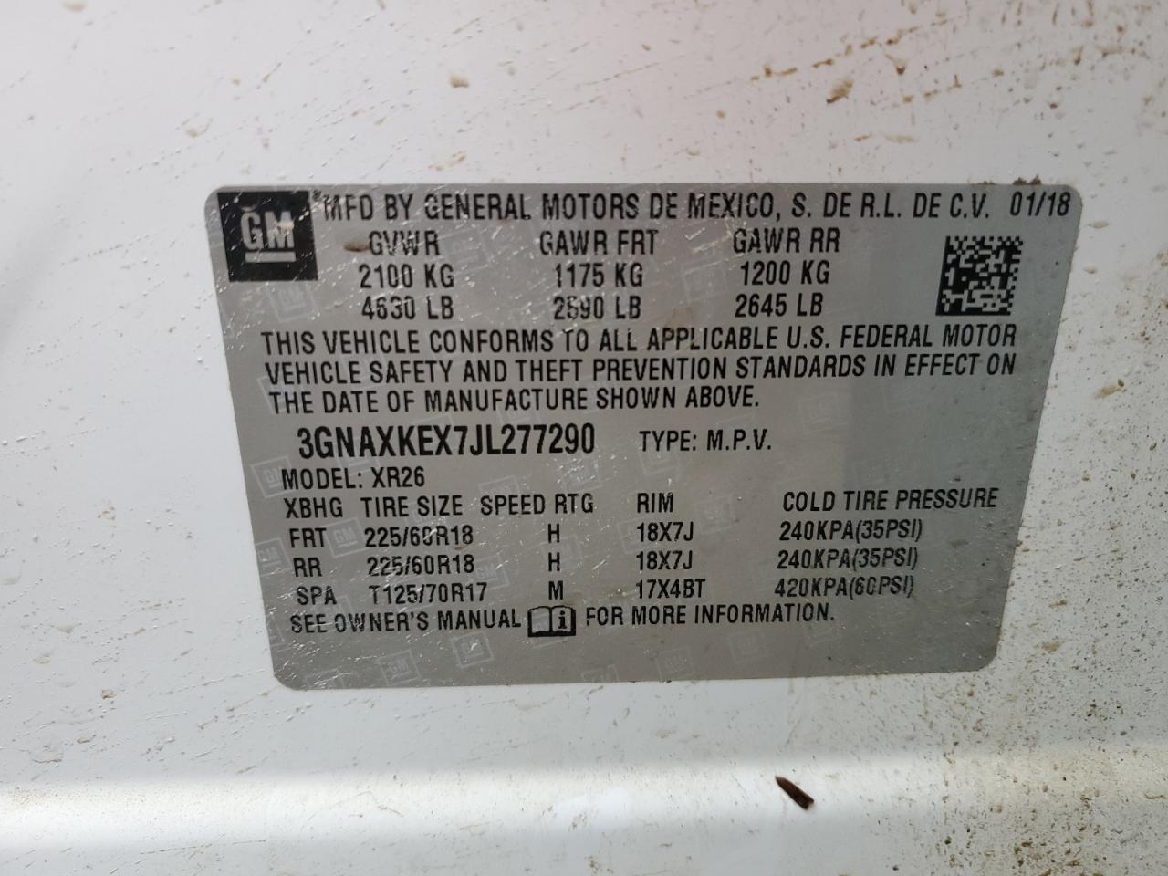 3GNAXKEX7JL277290 2018 Chevrolet Equinox Lt